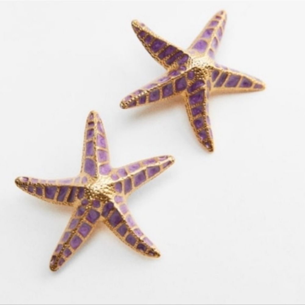 New ZARA Purple Starfish Statement Stud Earrings - Picture 2 of 12